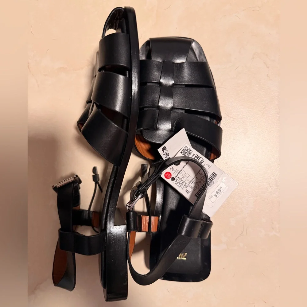 Zara Black Woven Strap Leather Sandals - Picture 3 of 4